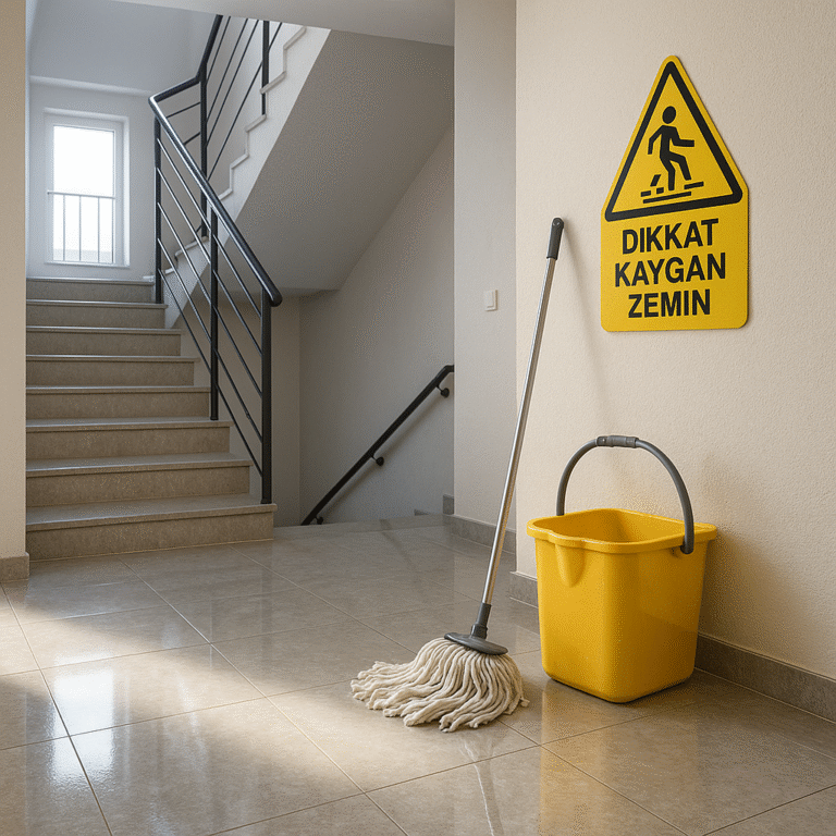 Apartman merdiven boşluğunda paspas yapan temizlik personelinin bıraktığı ıslak zemin, sarı uyarı tabelasıyla birlikte
